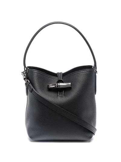 Shop Longchamp Roseau Essential Leather Bucket Bag In Black