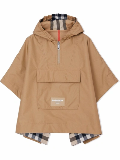 Shop Burberry Reversible Check-print Hooded Poncho In Brown