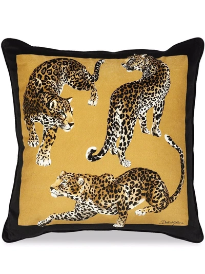 Shop Dolce & Gabbana Medium Leopardo-print Velvet Cushion In Yellow