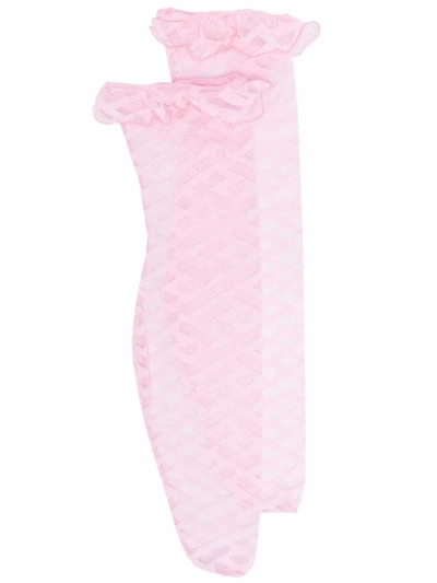 Shop Versace La Greca-print Sheer Socks In Pink