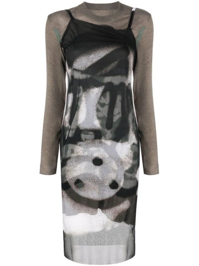 Shop Givenchy Graphic-print Long-sleeve Dress In Green