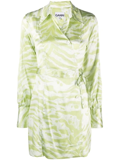 Shop Ganni Zebra-print Wrap Dress In Green