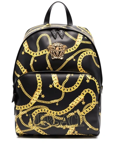 Shop Versace Chain-print Medusa-head Backpack In 5b00v Black+gold-gold