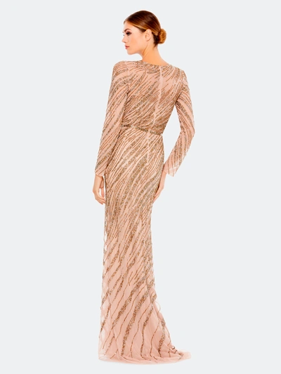 Shop Mac Duggal Embellished Illusion Long Sleeve High Neck Trumpet Gown In Mocha