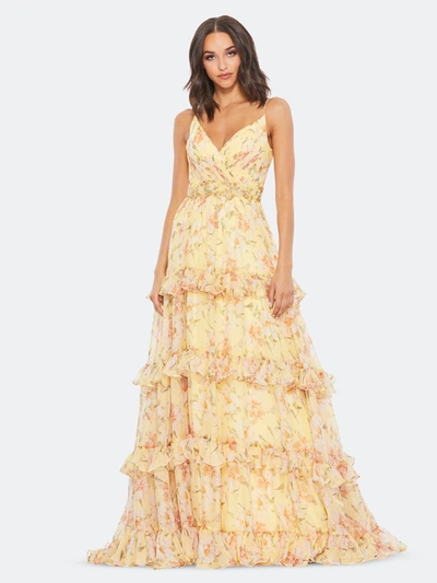 Shop Mac Duggal Tiered Floral Chiffon Gown In Lemon