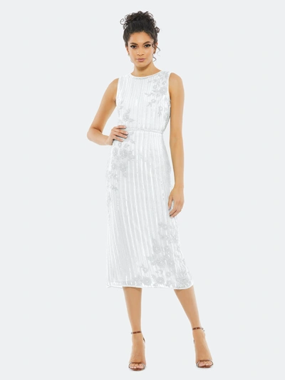 Shop Mac Duggal Striped Floral Embellished Sleeveless Midi Dress In White