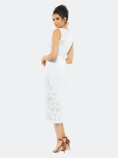 Shop Mac Duggal Striped Floral Embellished Sleeveless Midi Dress In White