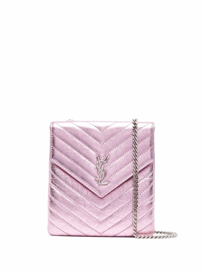 Shop Saint Laurent Double Flap Metallic Mini Bag In Pink