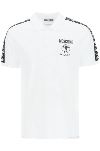 Shop Moschino Double Question Mark Piquet Polo Shirt In Fantasia Bianco (white)