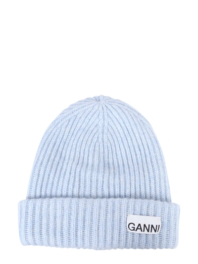 Shop Ganni Classic Knitted Hat In Celeste