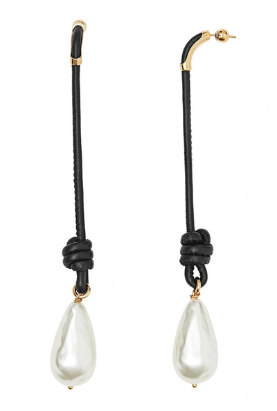 Shop Burberry Faux Pearl Detail Knotted Leather Cord Drop Earrings In Light Gold/black