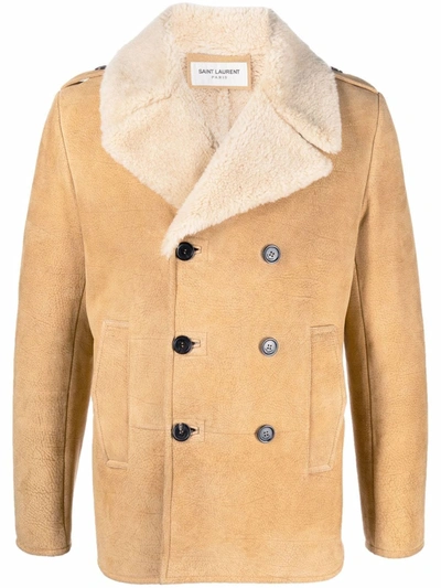 Saint Laurent Men's Double Breasted Shearling Coat In Nude