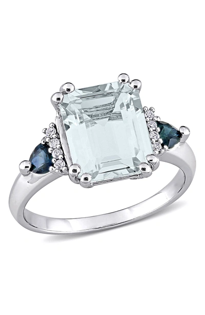 Shop Delmar Sterling Silver Emerald Cut Ice Aquamarine, Sapphire, & Diamond Ring In Blue