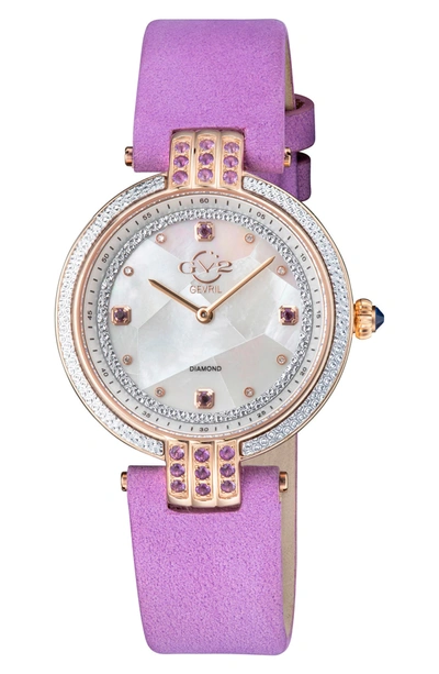 Shop Gevril Matera Diamond Suede Strap Watch, 35mm In Light Purple