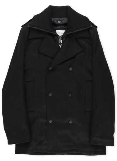 Shop Givenchy Kids Logo Print Double Breasted Coat In Black