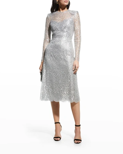 Shop Dolce & Gabbana Long-sleeve Crewneck Lace Dress In Gray