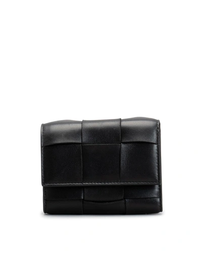Shop Bottega Veneta Intrecciato Woven Trifold Leather Wallet In Black/gold