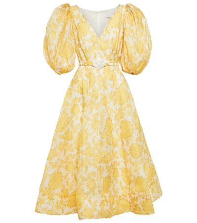 Shop Zimmermann Postcard Linen And Silk Midi Dress In Yellow Tonal Floral