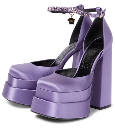 Versace Medusa Aevitas Embellished Satin Platform Sandals In Orchid-oro