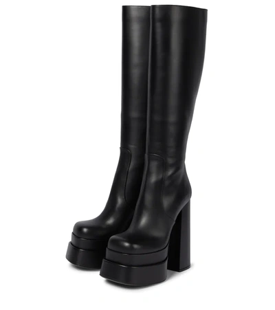 Shop Versace Leather Platform Knee-high Boots In Nero-oro