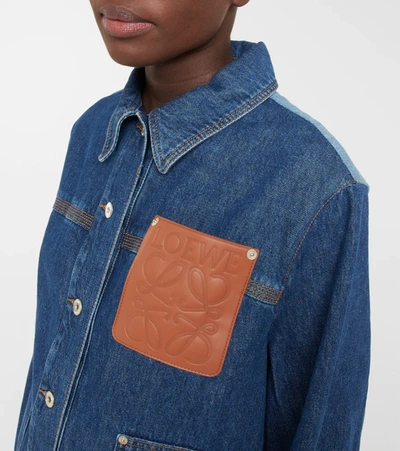 Leather-trimmed Two-tone Denim Jacket In Blue