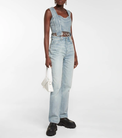 Shop Ganni Embellished Denim Crop Top In Tint Wash