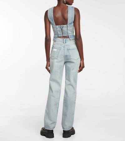 Ganni Cropped Bead-embellished Organic Denim Top In Tint Wash