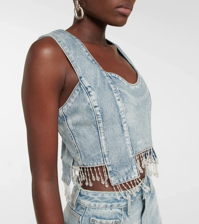 Ganni Cropped Bead-embellished Organic Denim Top In Tint Wash
