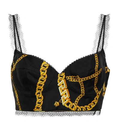 Shop Versace Lace-trimmed Printed Silk Bustier In Nero+oro