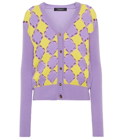 Shop Versace Argyle Cashmere Cardigan In Orchid+pineapple