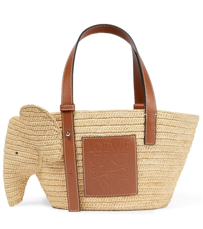 Shop Loewe Elephant Small Raffia And Leather Tote In Natural/tan