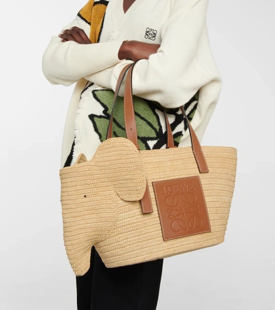 Shop Loewe Elephant Basket Raffia Tote Bag In Natural/tan