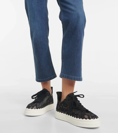 Chloé Lauren Scalloped Logo-detailed Lace And Leather Sneakers In Black