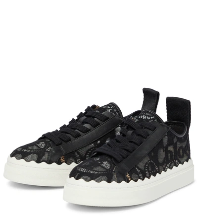 Chloé Lauren Scalloped Logo-detailed Lace And Leather Sneakers In Black