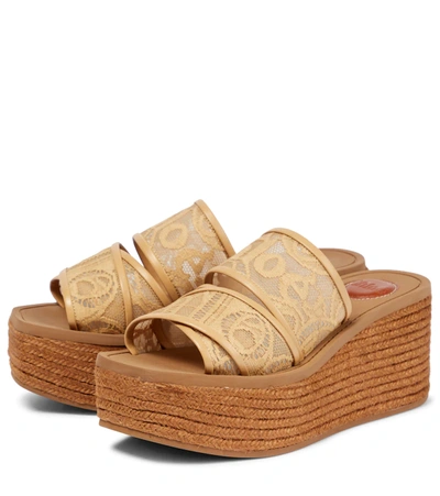 Shop Chloé Woody Lace Wedge Espadrille Sandals In Biscotti Beige
