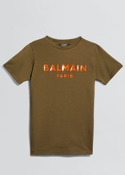 Shop Balmain Boy's Logo-print Cotton T-shirt In 719 Khaki Green