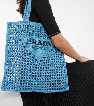 Prada Logo Embroidered Open Top Tote Bag In Blue