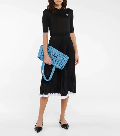 Prada Logo Embroidered Open Top Tote Bag In Blue