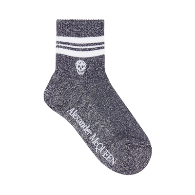 Shop Alexander Mcqueen Navy Logo Metallic-weave Socks