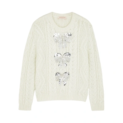 Shop Valentino White Embellished Cable-knit Jumper