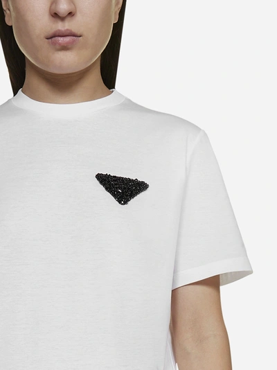 Prada Embellished Logo Jersey T-shirt In F Bianco | ModeSens