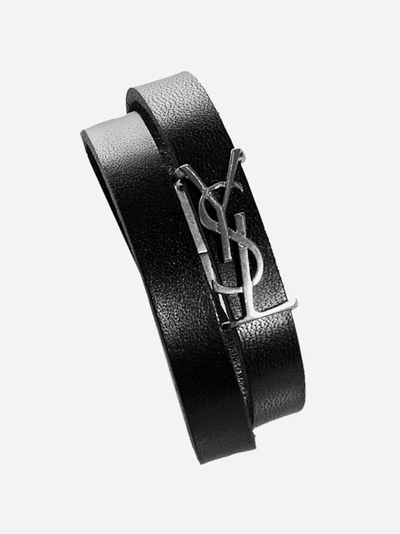 Shop Saint Laurent Opyum Monogram Leather Bracelet In Black