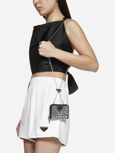 Prada Women Crystal-Studded Card Holder with Shoulder Strap-Black