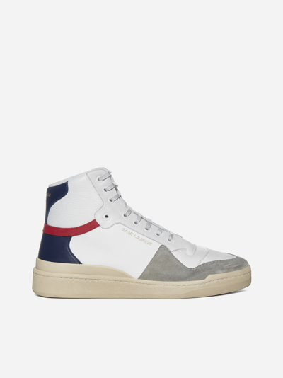 Shop Saint Laurent Sl24 Canvas, Leather And Suede Mid-top Sneakers