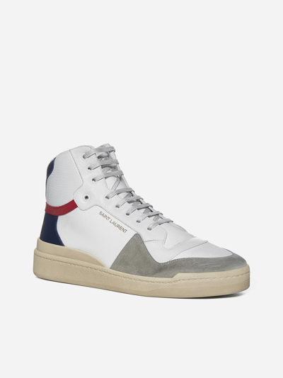 Shop Saint Laurent Sl24 Canvas, Leather And Suede Mid-top Sneakers