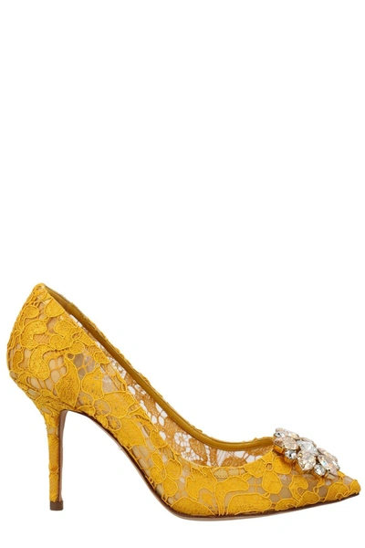 Shop Dolce & Gabbana Taormina Lace Embellished Pumps In Yellow