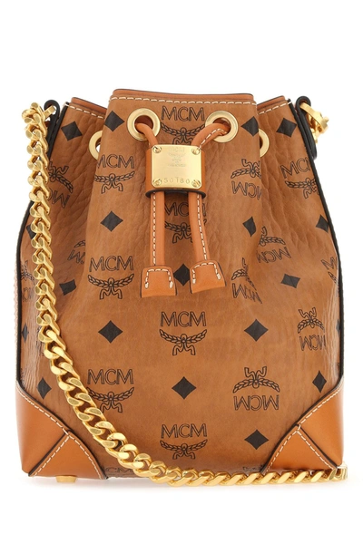 Shop Mcm Berlin Monogram Drawstring Bucket Bag In Brown