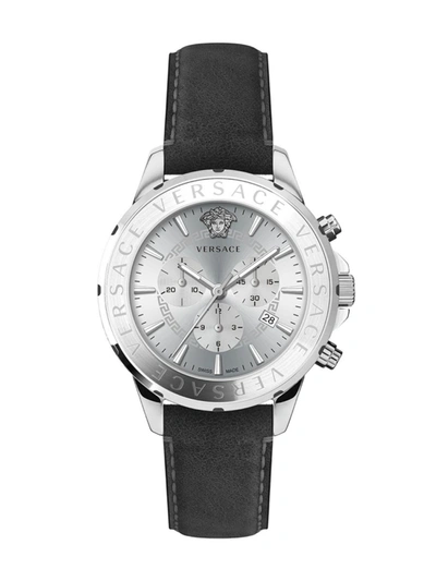 Shop Versace Men's Chrono Signature Stainless Steel & Leather Chronograph Watch In Silver
