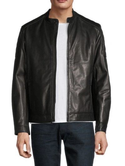 Shop Cole Haan Men's Grainy Leather Moto Jacket In Black