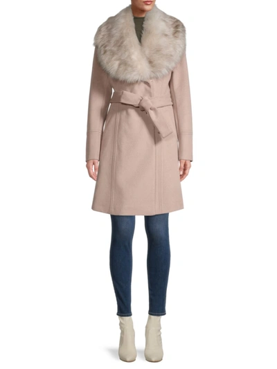 Shop Karl Lagerfeld Faux Fur-collar Wool-blend Coat In Nude